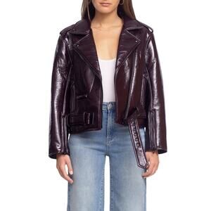 Blank Nyc 'Shiny' Black Crinkle Faux Leather Moto Jacket Size M